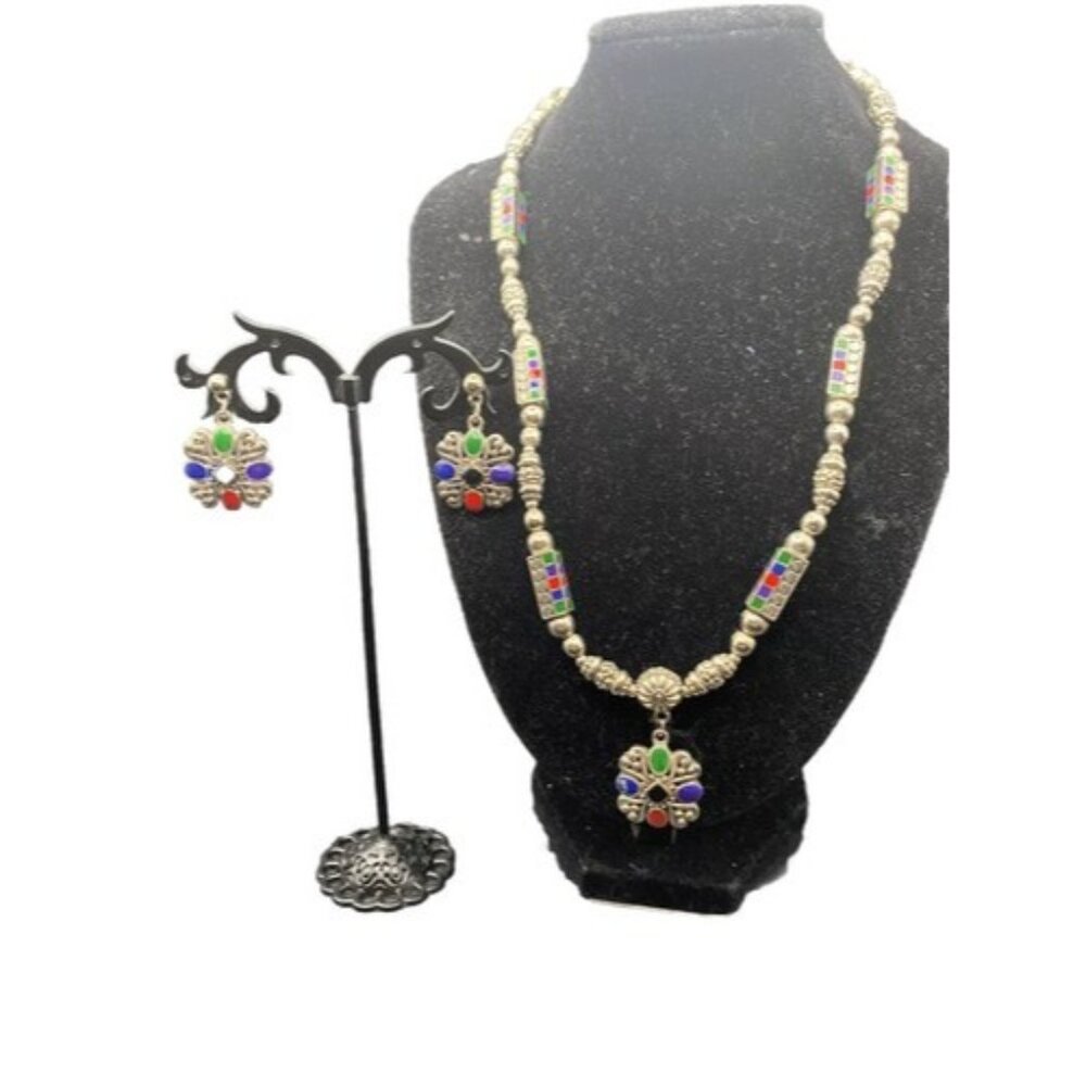 Boho Silver Tone Multi Color Cabochon Necklace Dangle Earring Set Tribal Style - Picture 2 of 10